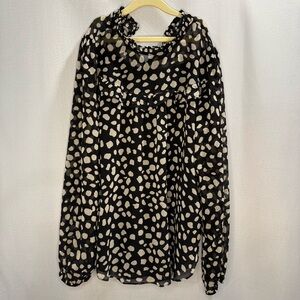 LOFT Women’s Blouse Small Black White Polka Dot Long Sleeve Sheer Ruffle Neck